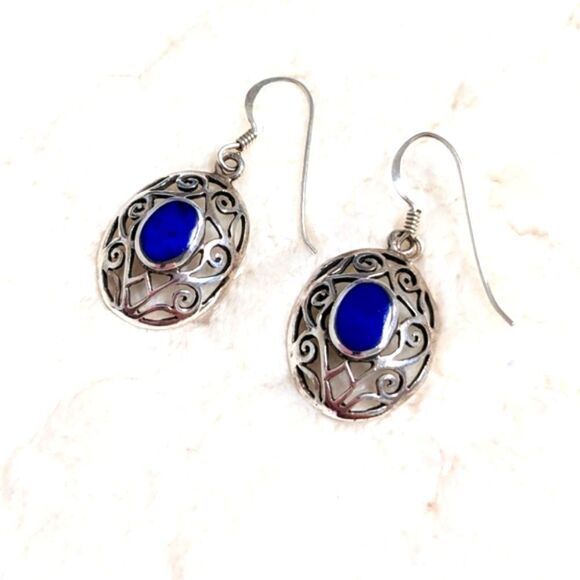 Vintage Sterling Silver & Lapis Lazuli Filigree Pierced Earrings - Picture 2 of 8